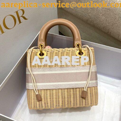 Replica Lady Dior Medium Bag Natural Wicker and Blush Pink Dior Obliqu 6