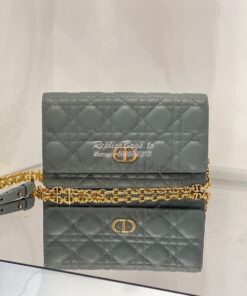 Replica Dior Caro Belt Pouch With Chain in Gray Supple Cannage Calfski