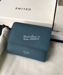 Replica Celine Small Trifold Wallet In Grained Calfskin 10B573 Blue