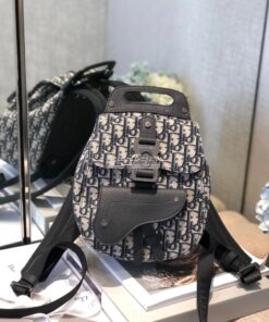 Replica Dior Navy Blue Oblique Jacquard Mini Saddle Backpack