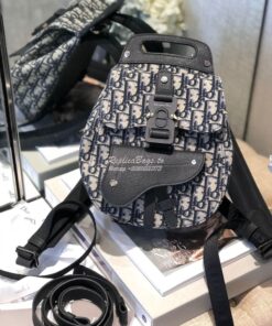 Replica Dior Navy Blue Oblique Jacquard Mini Saddle Backpack 2