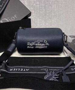 Replica Dior Navy Blue Grained Calfskin "Roller" Pouch With "Atelier"