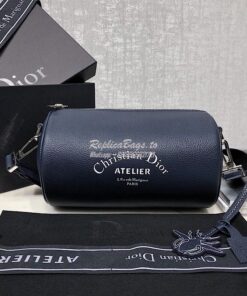 Replica Dior Navy Blue Grained Calfskin "Roller" Pouch With "Atelier" 2