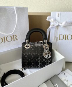 Replica Dior Mini Lady Dior Bag In Black "Cannage" Satin With Rhinesto