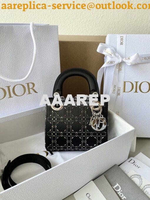 Replica Dior Mini Lady Dior Bag In Black "Cannage" Satin With Rhinesto