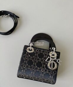 Replica Dior Mini Lady Dior Bag In Black "Cannage" Satin With Rhinesto 2