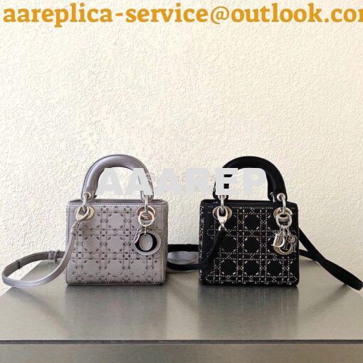 Replica Dior Mini Lady Dior Bag In Silver "Cannage" Satin With Rhinest