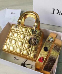 Replica My Lady Dior Bag in Gold Grained Leather with Customisable Sho 2