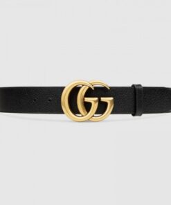 Replica Gucci Leather belt with Double G buckle black gold 406831