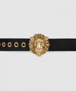 Replica Gucci Leather belt with lion head buckle 623163