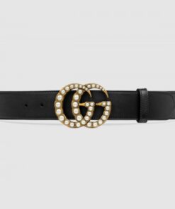 Replica Gucci Black Leather Belt With Pearl Double G Buckle