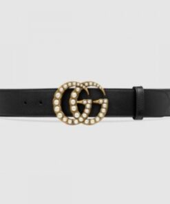 Replica Gucci Black Leather Belt With Pearl Double G Buckle 2