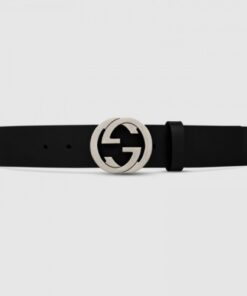 Replica Gucci Leather belt with interlocking G Black 368186