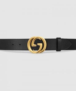 Replica Gucci Leather belt with interlocking G buckle Black 474347