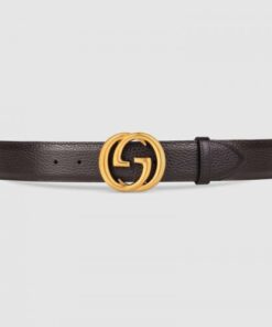 Replica Gucci Leather belt with interlocking G buckle Brown 474347