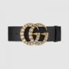 Replica Gucci Leather belt with crystal Double G buckle Black ‎600630 5