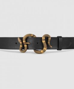 Replica Gucci Leather belt with snake buckle black 458935