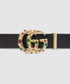 Replica Gucci Leather belt with crystal Double G buckle Black ‎600630