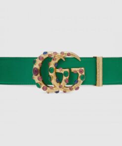 Replica Gucci Leather belt with crystal Double G buckle ‎Emerald Green 600630