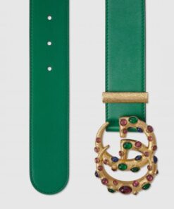 Replica Gucci Leather belt with crystal Double G buckle ‎Emerald Green 600630 2