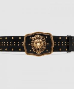 Replica Gucci Leather belt with lion head buckle 587800