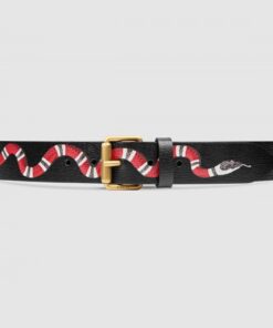 Replica Gucci Black Kingsnake Print Leather Belt With Square Buckle