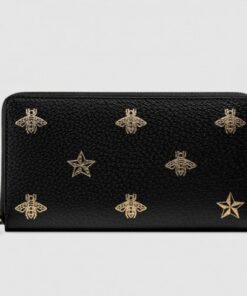 Replica Gucci Bee Star Zip Around Wallet In Black Leather