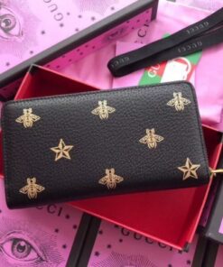 Replica Gucci Bee Star Zip Around Wallet In Black Leather 2