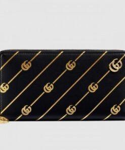 Replica Gucci Black Zip Around Wallet With Double G stripe