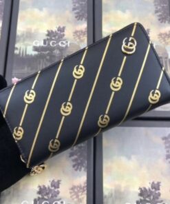 Replica Gucci Black Zip Around Wallet With Double G stripe 2