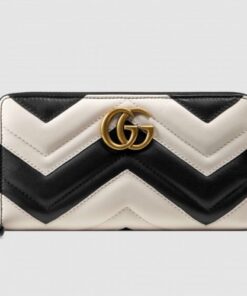 Replica Gucci Black/White GG Marmont Zip Around Wallet