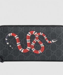 Replica Gucci Zip Around Wallet In Black Kingsnake Print GG Supreme