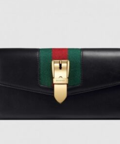 Replica Gucci Web Sylvie Leather Zip Around Wallet 476083 Black 2017