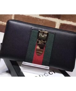 Replica Gucci Web Sylvie Leather Zip Around Wallet 476083 Black 2017 2