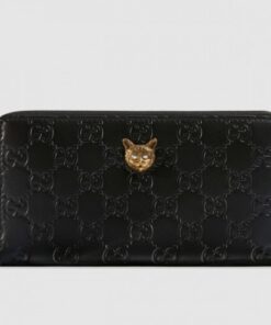 Replica Gucci Zip Around Wallet With Cat In Black Signature Leather