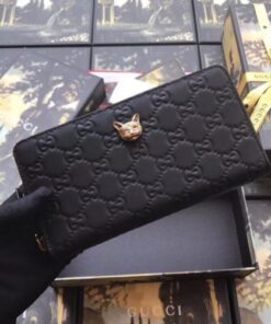 Replica Gucci Zip Around Wallet With Cat In Black Signature Leather 2