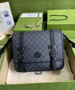 Replica Gucci Black GG Messenger Bag with Double Belts 2