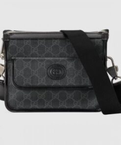 Replica Replica Gucci Black GG Supreme Messenger Bag with Interlocking G