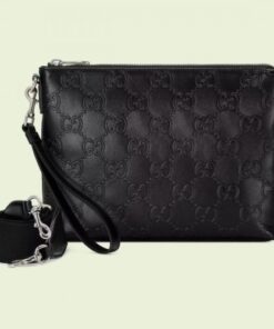 Replica Replica Gucci Medium Messenger Bag In Black GG Embossed Leather