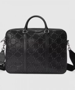 Replica Replica Gucci Medium Briefcase Bag In Black GG Embossed Leather