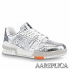 Replica Louis Vuitton LV Trainer Sneakers In Silver Metallic Calfskin 9