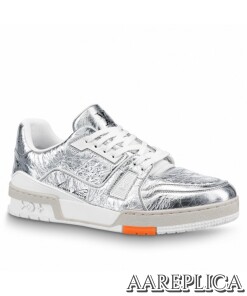 Replica Louis Vuitton LV Trainer Sneakers In Silver Metallic Leather