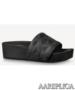 Replica Louis Vuitton Jumbo Flatform Mules In Black Monogram Lambskin