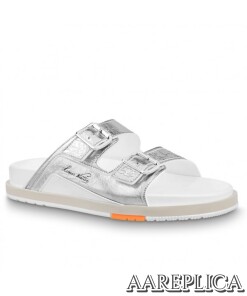 Replica Louis Vuitton LV Trainer Mules In Silver Metallic Leather