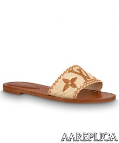 Replica Louis Vuitton Lock It Flat Mules In Brown Raffia