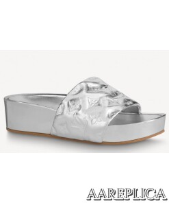 Replica Louis Vuitton Jumbo Flatform Mules In Silver Metallic Lambskin