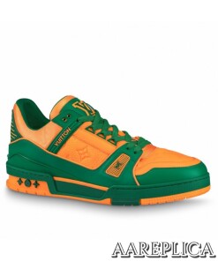 Replica Louis Vuitton LV Trainer Sneakers In Orange/Green Leather