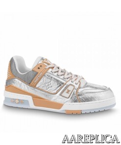 Replica Louis Vuitton LV Trainer Sneakers In Silver Metallic Calfskin