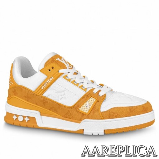 Replica Louis Vuitton LV Trainer Sneakers In Yellow Denim with Leather