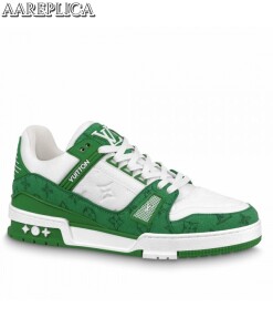 Replica Louis Vuitton LV Trainer Sneakers In Green Denim with Leather